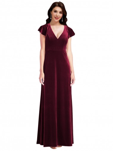 Cheap Flutter Sleeve Velvet Maxi Bridesmaid Dress with Pockets