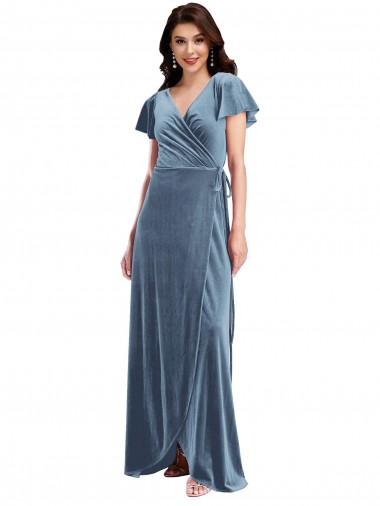 Cheap Flutter Sleeve Velvet Wrap Maxi Bridesmaid Dress with Pockets