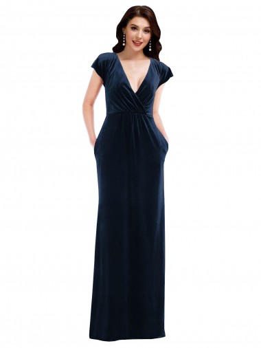 Cheap Flutter Sleeve Wrap Bodice Velvet Maxi Bridesmaid Dress with Pockets