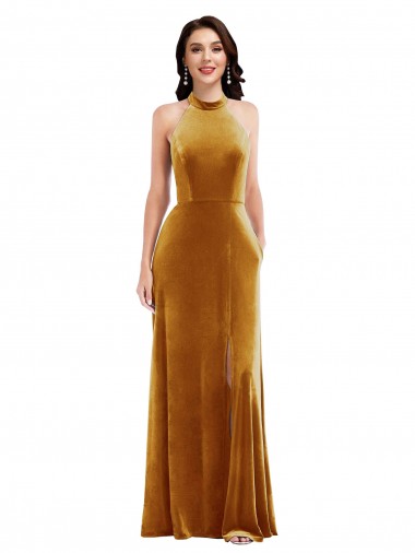 Cheap High-Neck Halter Velvet Maxi Bridesmaid Dress with Front Slit