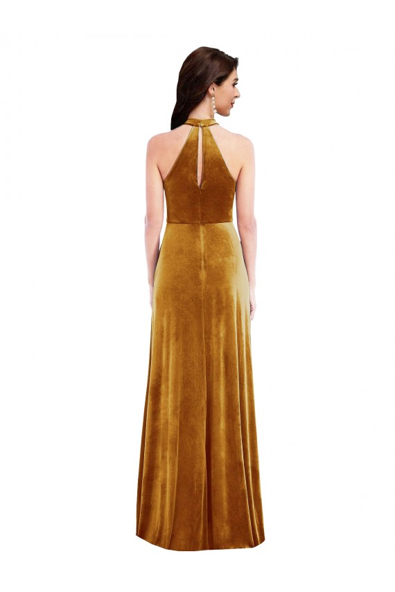 High-Neck Halter Velvet Maxi Bridesmaid Dress with Front Slit