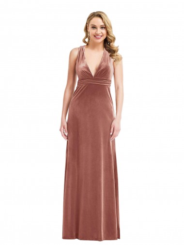 Cheap Plunging Neckline Velvet Maxi Bridesmaid Dress with Criss Cross Open Back