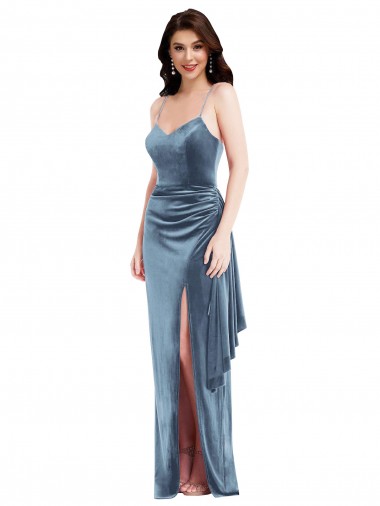 Cheap Spaghetti Strap Velvet Maxi Bridesmaid Dress with Draped Skirt