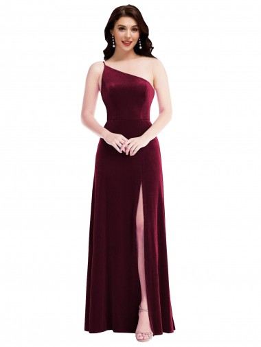 Cheap One Shoulder Spaghetti Strap Velvet Maxi Bridesmaid Dress with Pockets