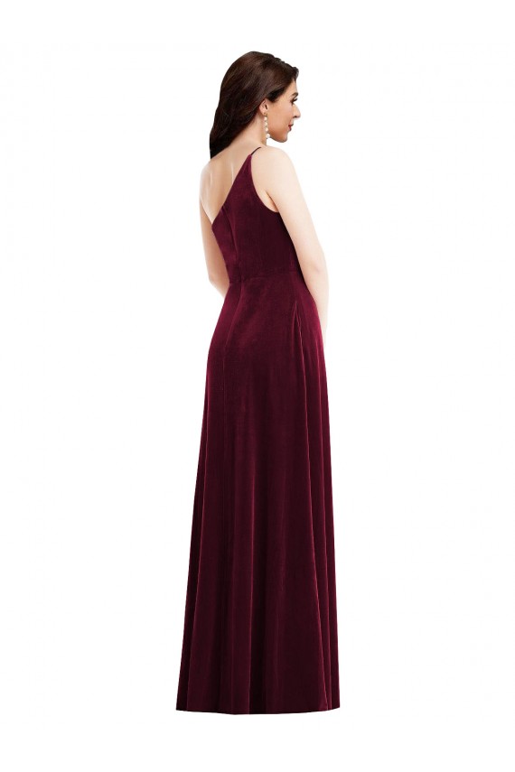 One Shoulder Spaghetti Strap Velvet Maxi Bridesmaid Dress with Pockets