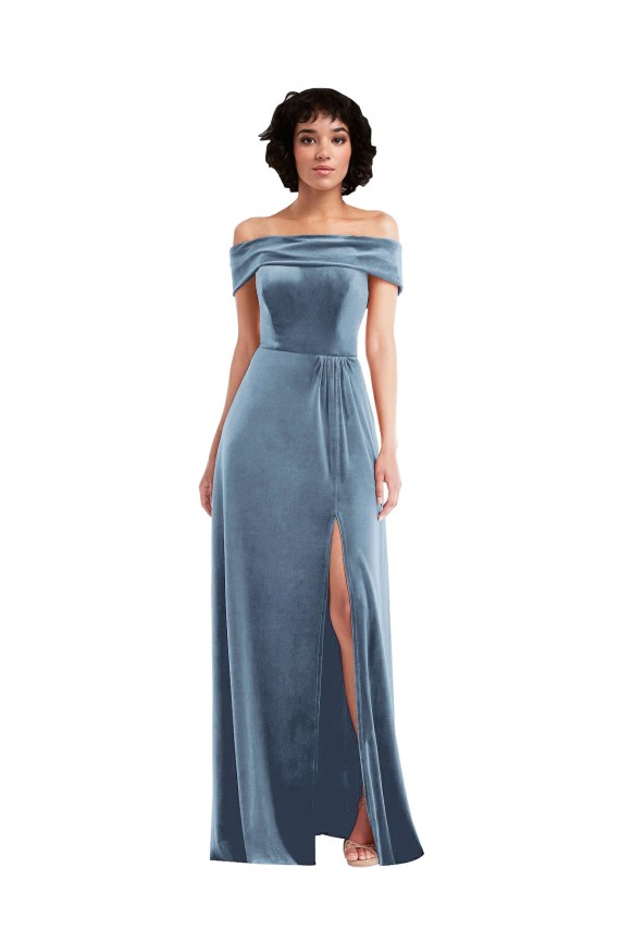 Draped Cuff Off the Shoulder Velvet Maxi Bridesmaid Dress with Pockets