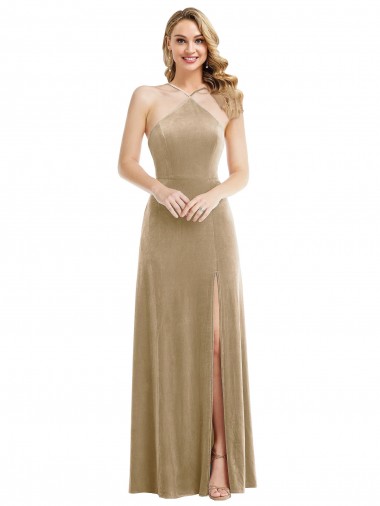 Cheap High Neck Halter Open Back Long Velvet Maxi Bridesmaid Dress