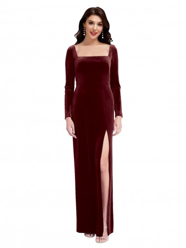 Cheap Sleek Square Neck Spaghetti Straps Velvet Bridesmaid Dress with Side Slit