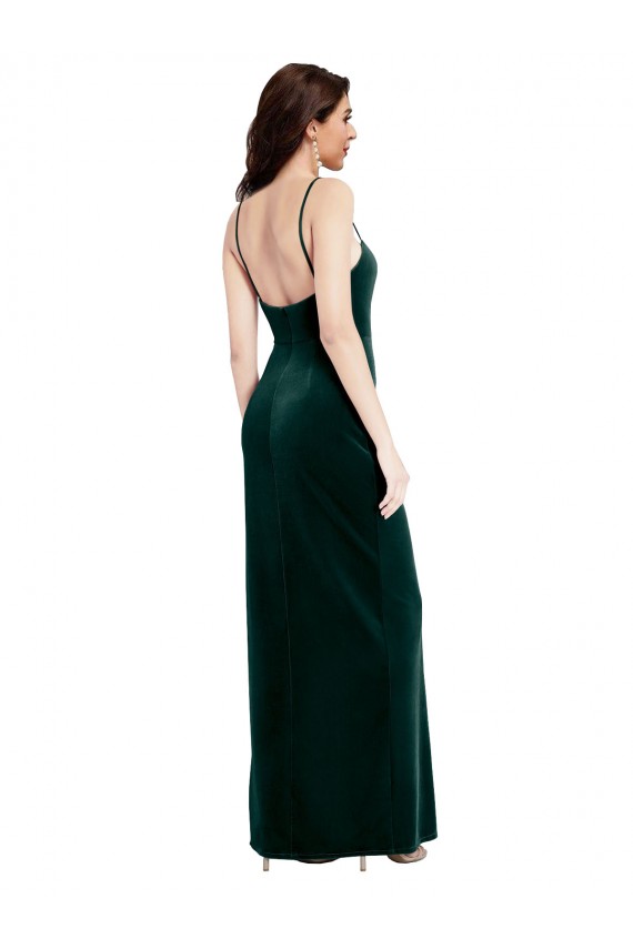 Straight Neckline Spaghetti Straps Long Velvet Bridesmaid Dress with High Side Slit