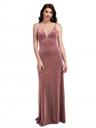 Cheap Low Scoop Back Long V-Neck Velvet Slip Bridesmaid Dress