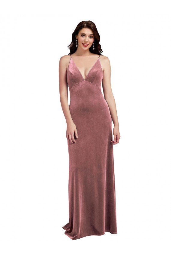 Low Scoop Back Long V-Neck Velvet Slip Bridesmaid Dress