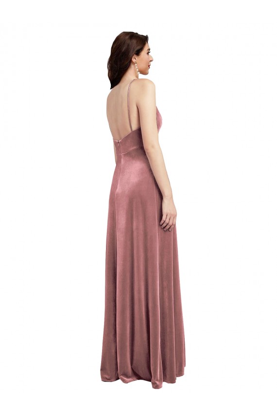 Low Scoop Back Long V-Neck Velvet Slip Bridesmaid Dress