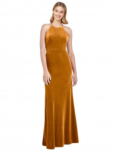 Cheap Halter Neckline Long Full Length Velvet Bridesmaid Dress with Strappy Back