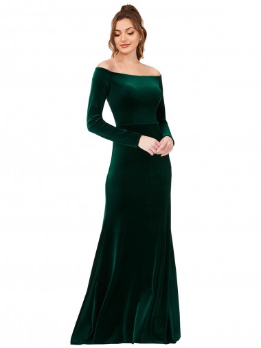 Cheap Off the Shoulder Long Sleeves Stretch Velvet Bridesmaid Dress