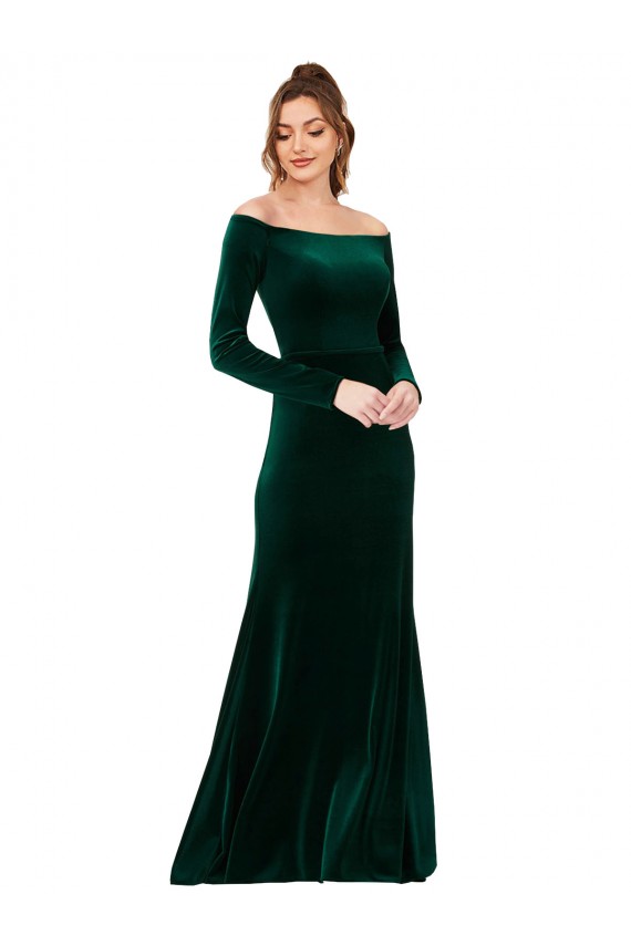 Off the Shoulder Long Sleeves Stretch Velvet Bridesmaid Dress