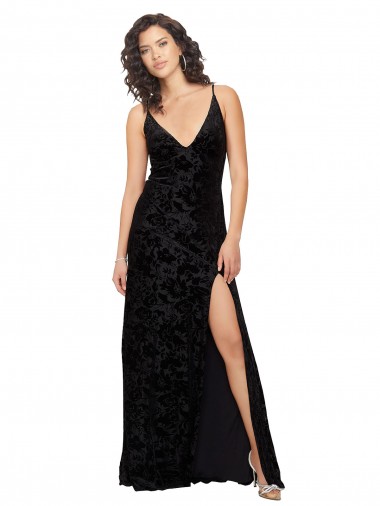 Cheap V-Neck Cowl Back Floral Velvet Bridesmaid Dress with Front Slit and Deep V-Neck