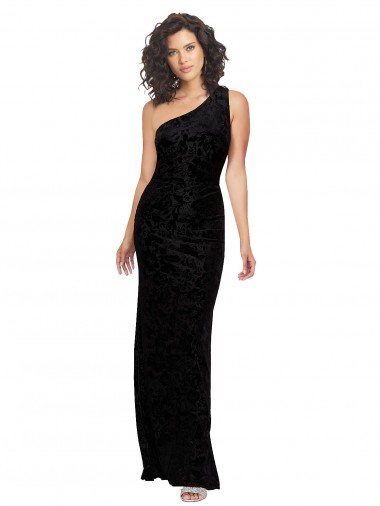 Cheap One Shoulder Long Sheath Sleeveless Floral Velvet Bridesmaid Dress