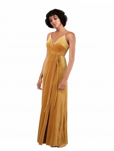 Cheap Romantic Velvet Floor Length Bridesmaid Dress with Wrap Detail