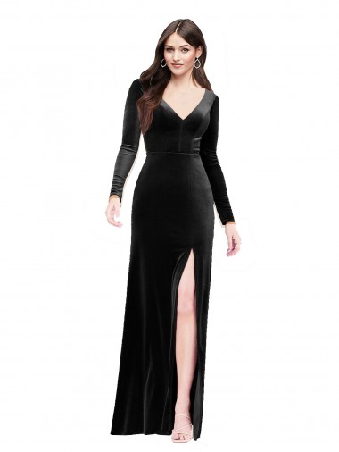Cheap Long Sleeves Velvet Bridesmaid Dress with V-Neckline and Thigh Slit