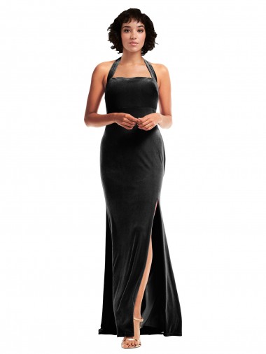 Cheap Stretch Velvet Empire Bridesmaid Dress with Halter Strap