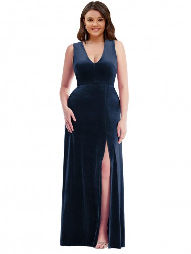 Cheap Deep V-Neck Sleeveless Velvet Maxi Bridesmaid Dress with Pockets