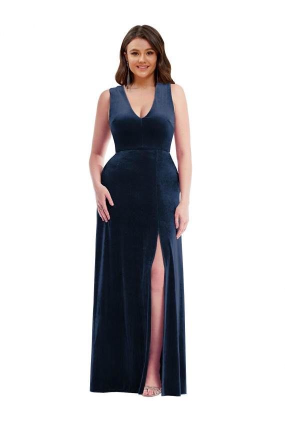 Deep V-Neck Sleeveless Velvet Maxi Bridesmaid Dress with Pockets