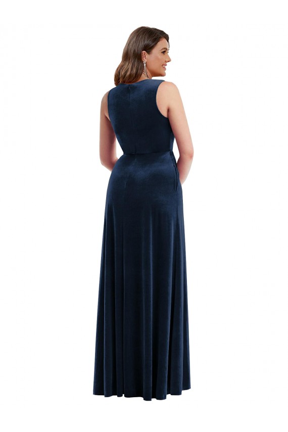 Deep V-Neck Sleeveless Velvet Maxi Bridesmaid Dress with Pockets