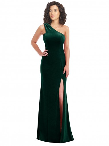 Cheap One Shoulder Velvet Trumpet Bridesmaid Dress with Front Slit