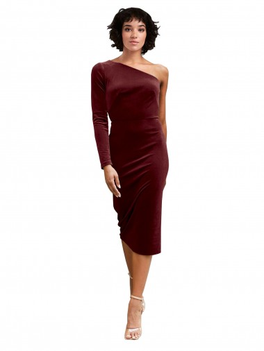 Cheap One Shoulder Fitted Short Midi Length Velvet Bridesmaid Dress