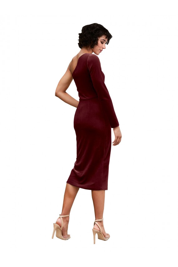 One Shoulder Fitted Short Midi Length Velvet Bridesmaid Dress