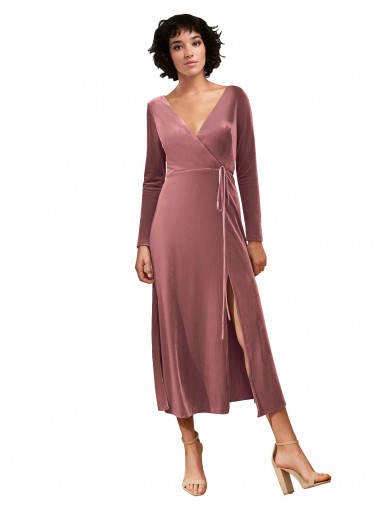 Cheap Long Sleeve Velvet Faux Wrap Midi Length Bridesmaid Dress