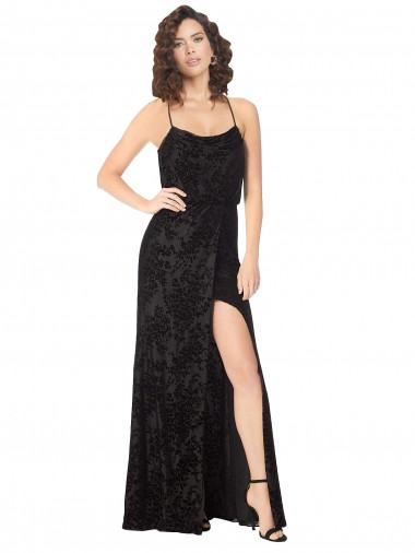 Cheap Floral Velvet Cowl Neck Bridesmaid Dress with Skirt Slit
