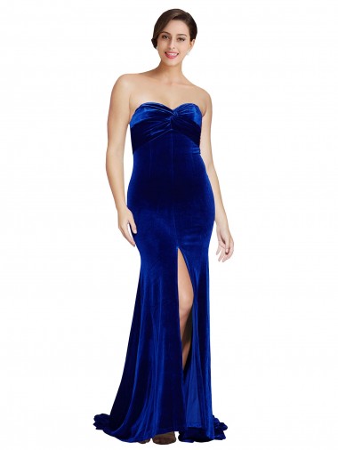 Cheap Strapless Ruched Velvet Bridesmaid Dress with Sweep Train and Front Slit