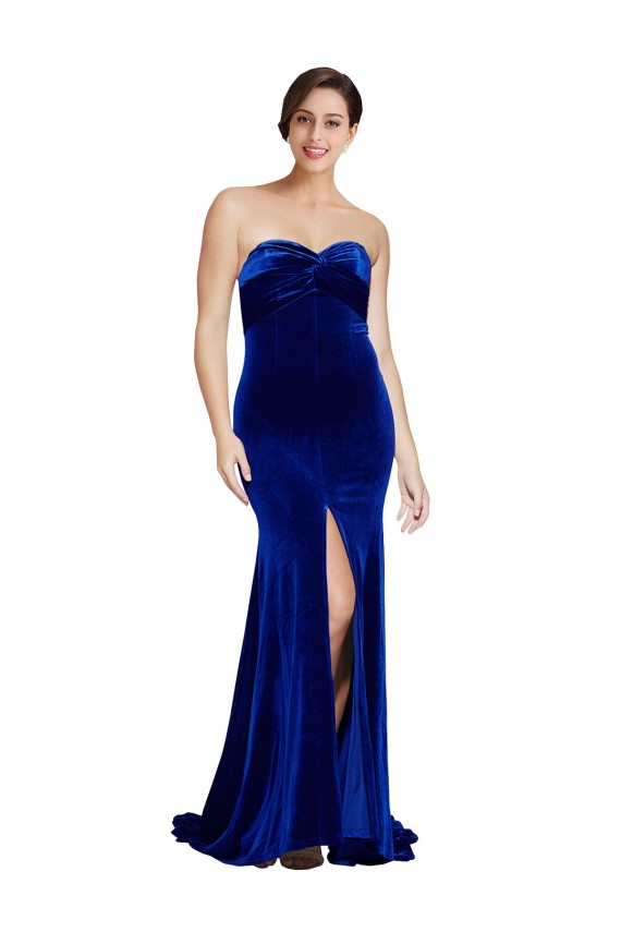 Strapless Ruched Velvet Bridesmaid Dress with Sweep Train and Front Slit