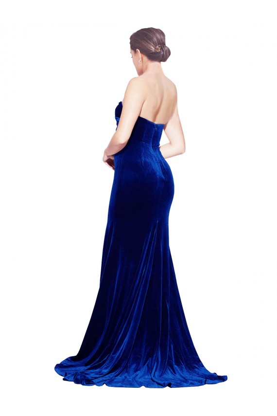 Strapless Ruched Velvet Bridesmaid Dress with Sweep Train and Front Slit