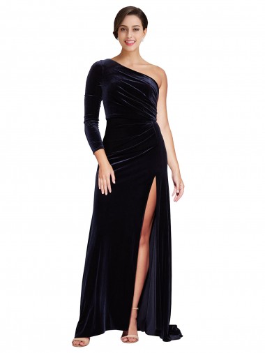 Cheap One Sleeve Long Velvet Bridesmaid Dress with Thigh High Split