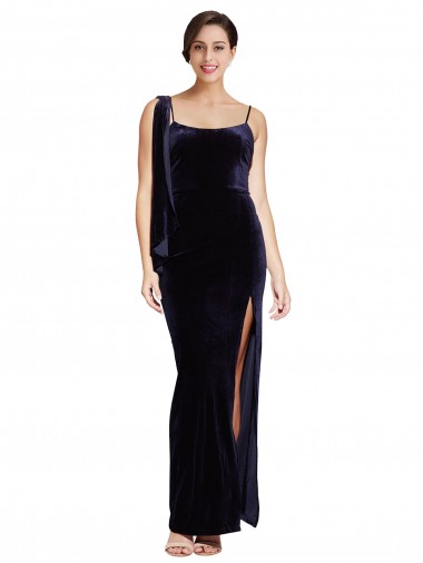 Cheap Long Velvet Bridesmaid Dress with Side Thigh Split and Shoulder Tie