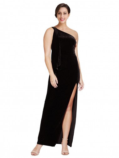 Cheap One Shoulder Long Velvet Bridesmaid Dress with Side Split and Shoulder Tie