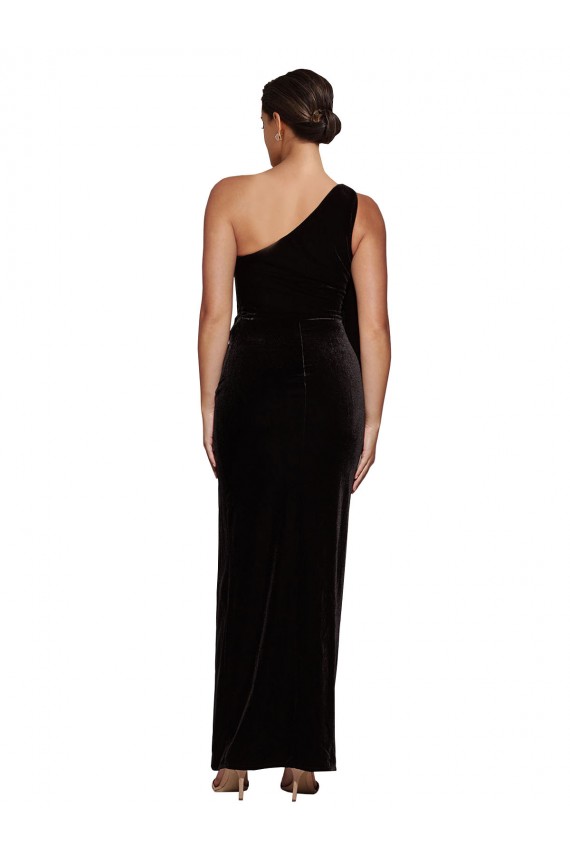One Shoulder Long Velvet Bridesmaid Dress with Side Split and Shoulder Tie