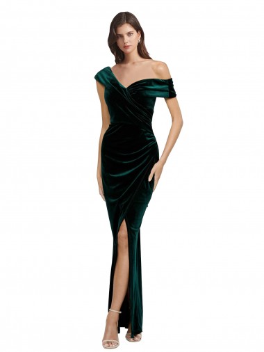 Cheap Long Asymmetric Neckline Ruched Velvet Bridesmaid Dress