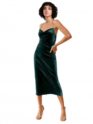 Cheap Midi Length Sleek Cowl Neckline Short Velvet Bridesmaid Dress