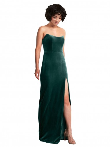 Cheap Scooped Strapless Long Velvet Bridesmaid Dress with Daring Side Slit