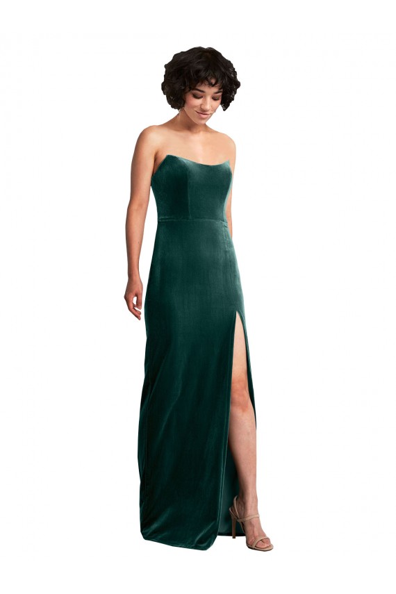 Scooped Strapless Long Velvet Bridesmaid Dress with Daring Side Slit